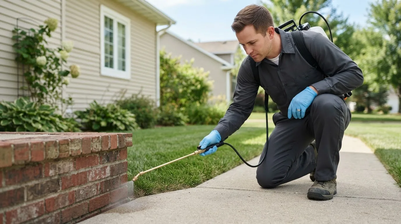 Pest control technician treating a home near Rustburg, VA