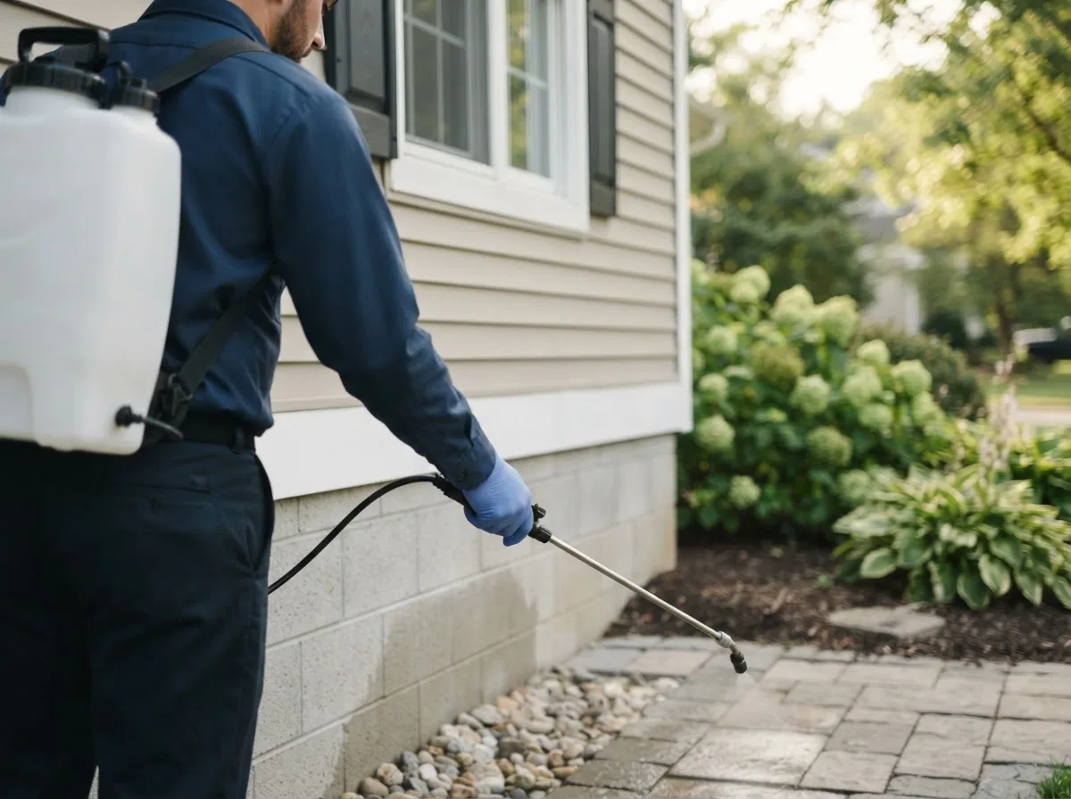 Pest control technician inspecting a home in Rustburg, VA